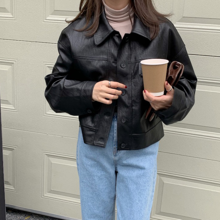 实拍  版型超赞质感气质简单中性风皮衣机车短外套夹克
