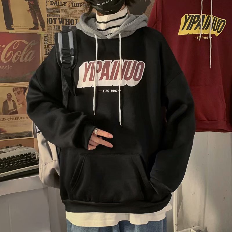 实拍 韩版潮流印花宽松连帽上衣男日系简约加绒休闲运动港风卫衣