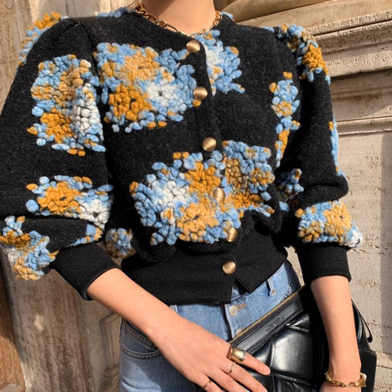 法式撞色重工泡泡袖毛呢短外套