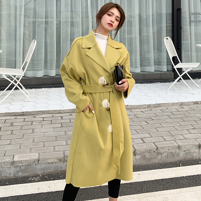 呢外套女2020秋冬新款牛角扣赫本风中长款显瘦宽松双面呢大衣