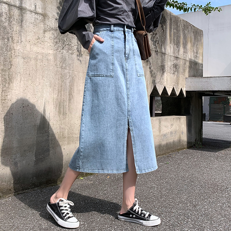 实拍牛仔纯棉洗水半身裙秋冬女高腰开叉腰部纽扣大码胖中长款裙子