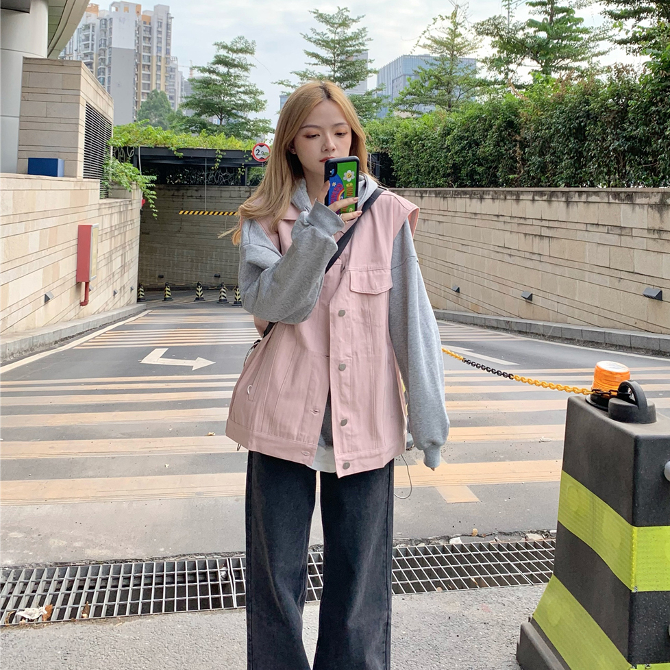 实拍实价  韩风秋冬外穿宽松BF粉色甜酷马甲外套女无袖上衣