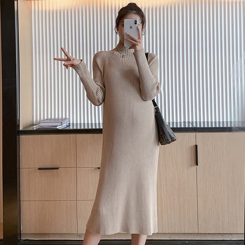 实拍现货2020秋冬新款孕妇法式坑条设计感胖mm打底针织加厚大码连衣裙