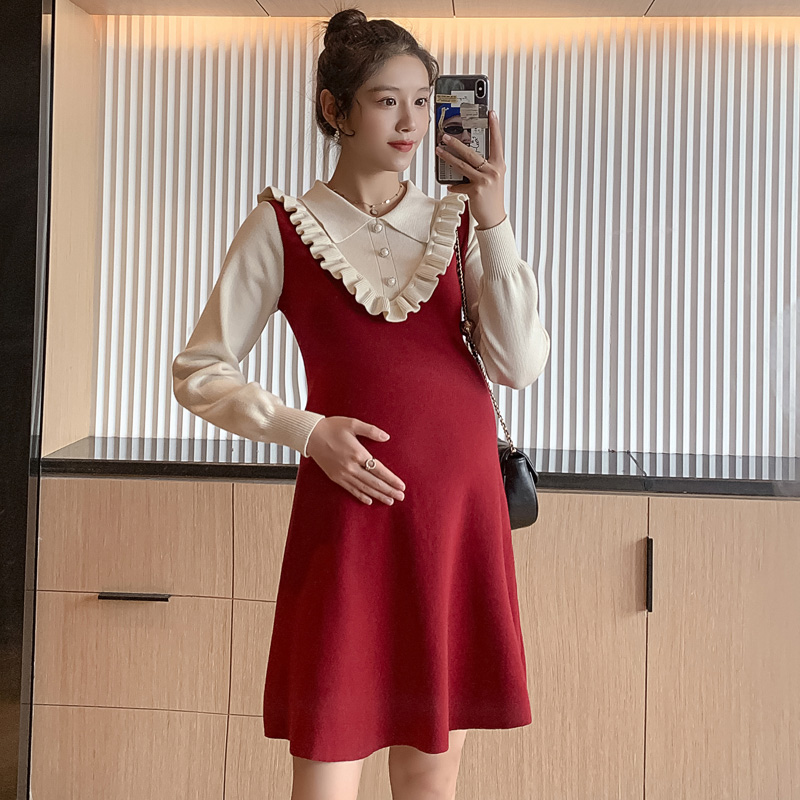 实拍现货2020秋冬新款孕妇韩版木耳边拼接气质胖mm针织大码毛衣裙