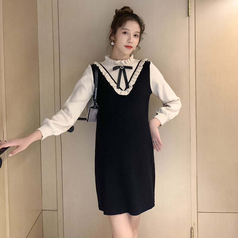 实拍现货2020秋冬新款孕妇韩版小香风拼接撞色胖mm针织大码连衣裙