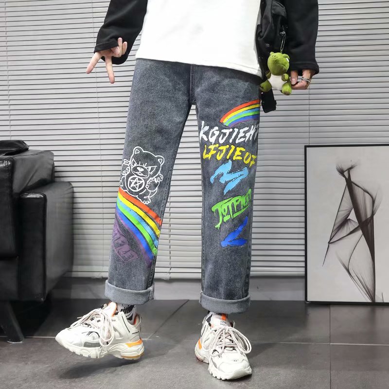 实拍 宽松牛仔裤男潮牌个性百搭裤子韩版潮流情侣装直筒阔腿长裤