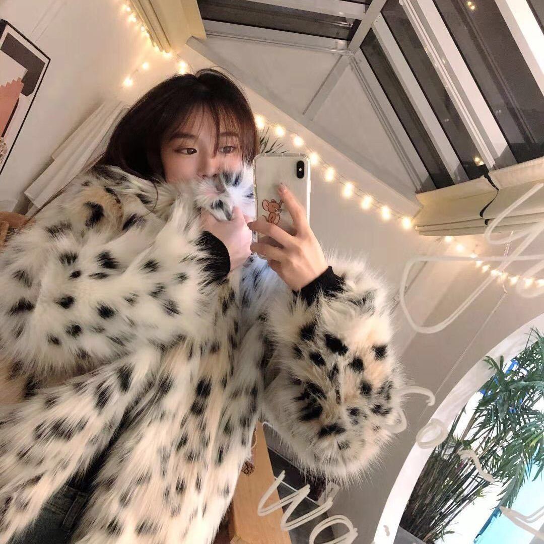 韩国时尚小众斑点豹纹仿狐狸毛皮草外套女中长款翻领毛绒大衣奶酷