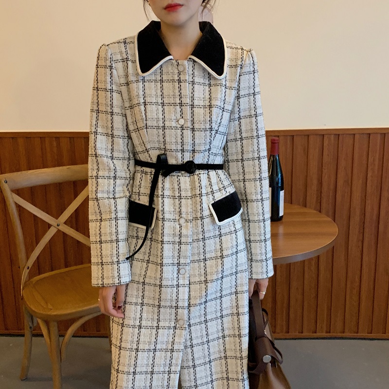 实拍 优雅小香风丝绒领撞色粗花呢格纹中长款收腰连衣裙外套 现货