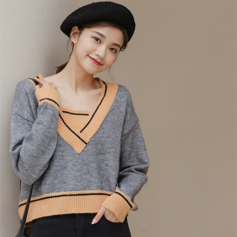 模特实拍 2020秋冬新款 假两件拼色短款毛衣