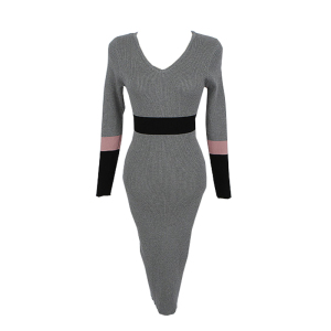 V-neck color blocking slim fit buttock knit dress women's medium and long wool dress