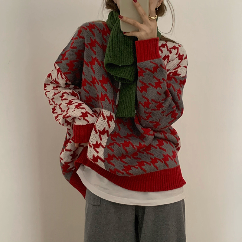 实价实拍三标齐韩版宽松显瘦撞色圆领长袖毛衣女2020秋冬