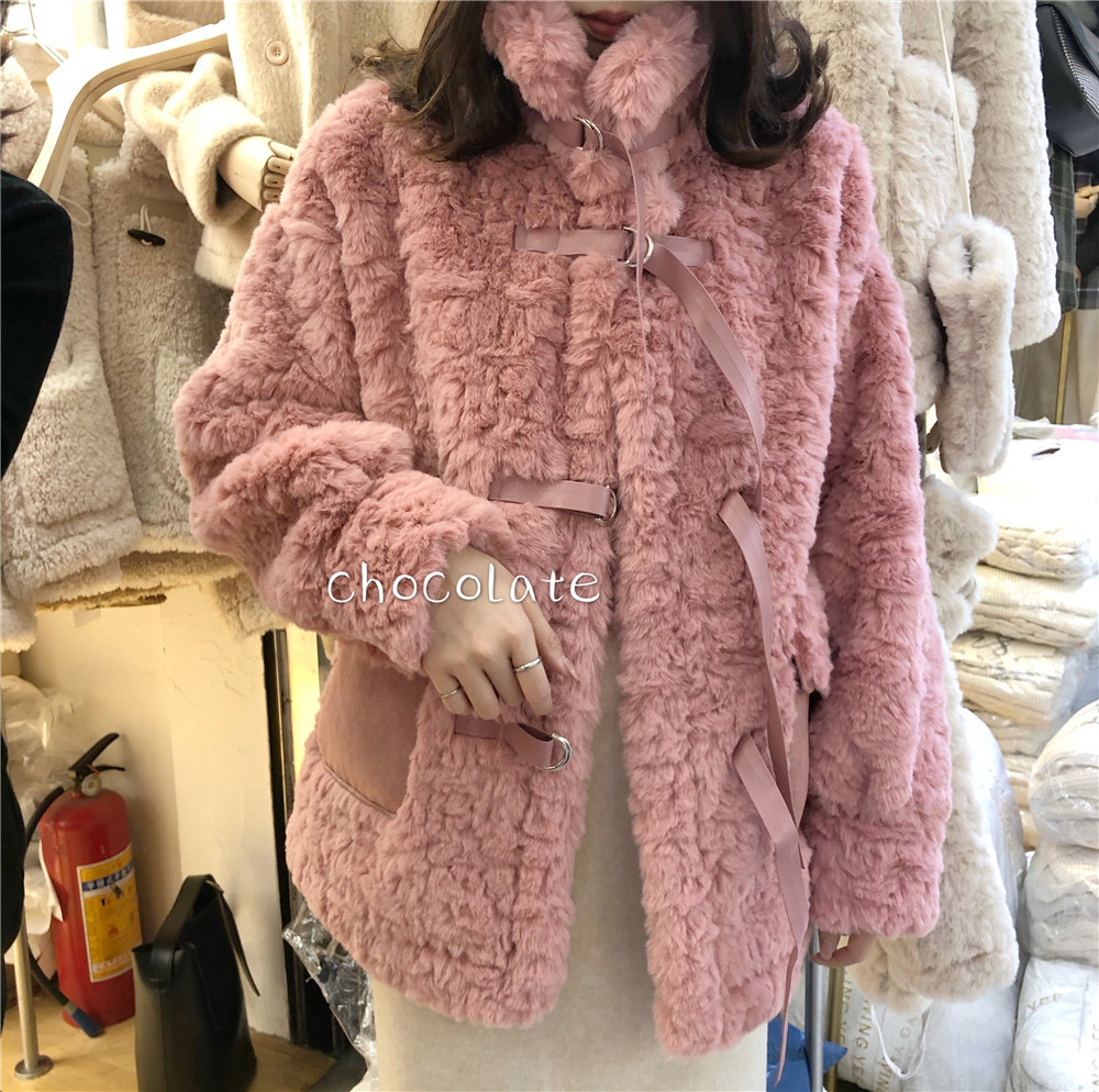 兔绒皮草仿真皮毛一体外套秋冬韩版毛茸茸小清新丝带扣加厚大衣女