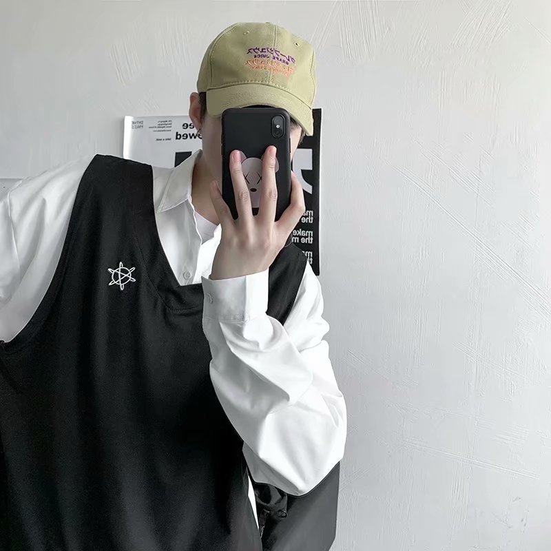 实拍秋季长袖衬衫男韩版潮流帅气假两件衬衣服打底衫港风日系宽松