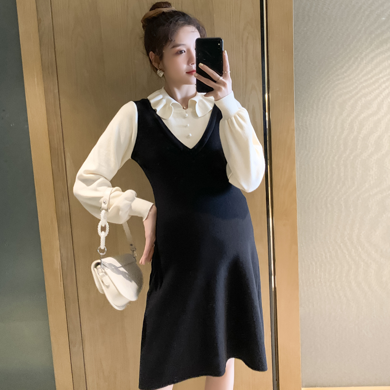 实拍现货2020秋冬新款孕妇法式小众胖mm仙女森系a字裙花朵领针织假两件大码毛衣裙