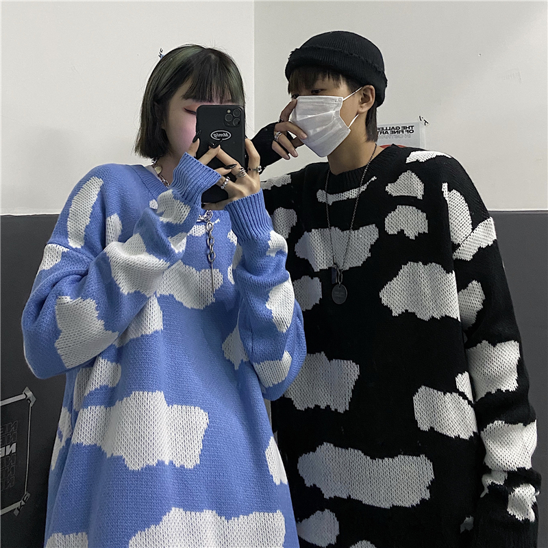 控50韩国复古潮流针织毛衣外套ins暗黑云朵提花男女上衣加厚宽松