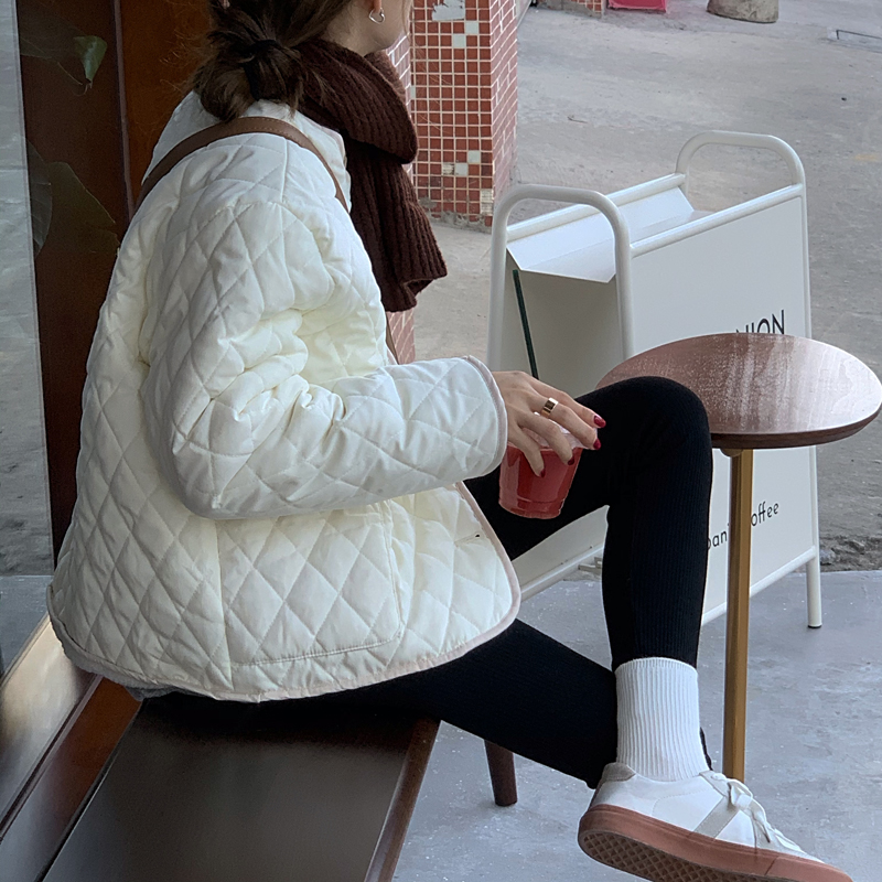 实价实拍三标齐百搭通勤款韩版宽松菱形格纹保暖棉服外套