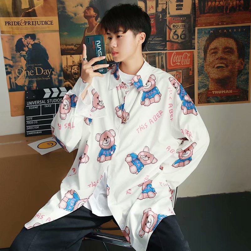 实拍春秋季小熊衬衫男长袖宽松潮流嘻哈衬衣ins潮牌秋衣原宿外套