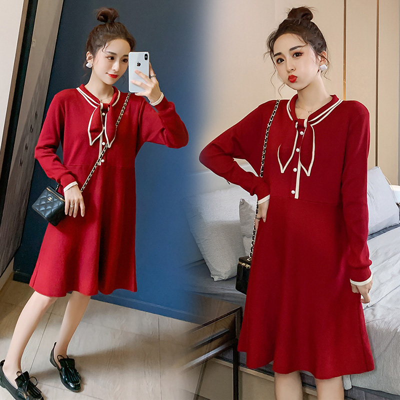 实拍6007#孕妇秋冬毛衣蝴蝶结针织连衣裙潮妈洋气收腰显瘦打底衫