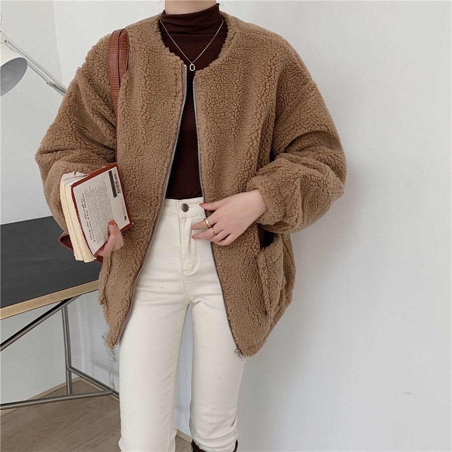 实拍！秋冬新款可爱宽松保暖夹棉羊羔毛拉链外套棉衣