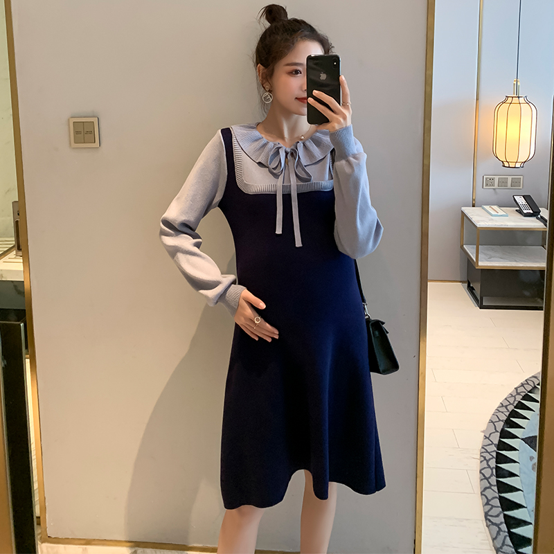 实拍现货2020秋冬新款孕妇法式小众木耳边系带胖mm针织拼接假两件大码连衣裙