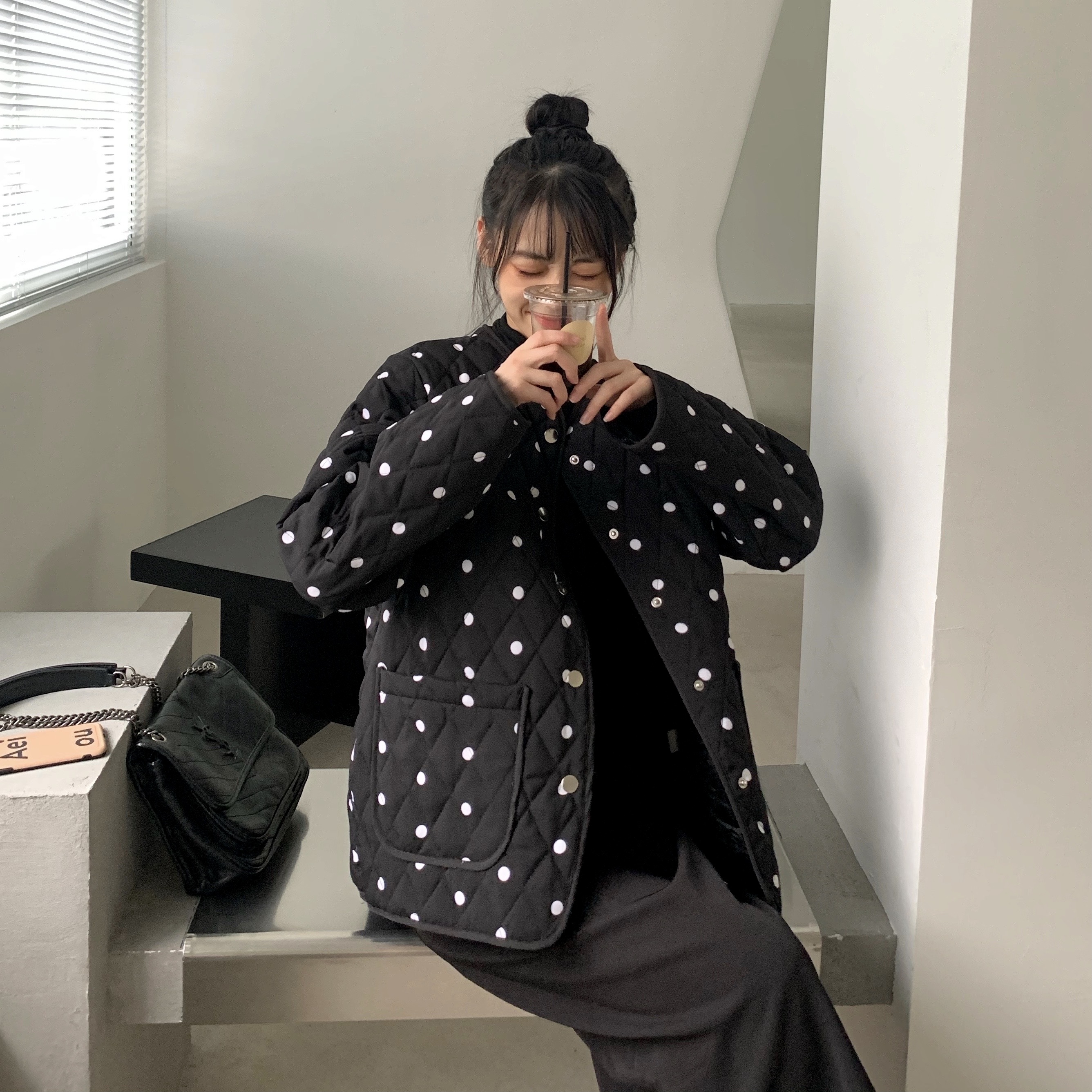 实拍 super百搭 学院风  可爱波点 夹棉加厚 棉衣外套