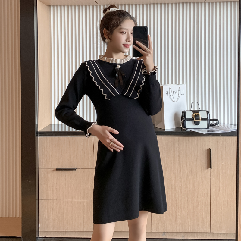 实拍现货2020秋冬新款孕妇木耳边领蝴蝶结气质减龄胖mm宽松包芯纱大码针织连衣裙