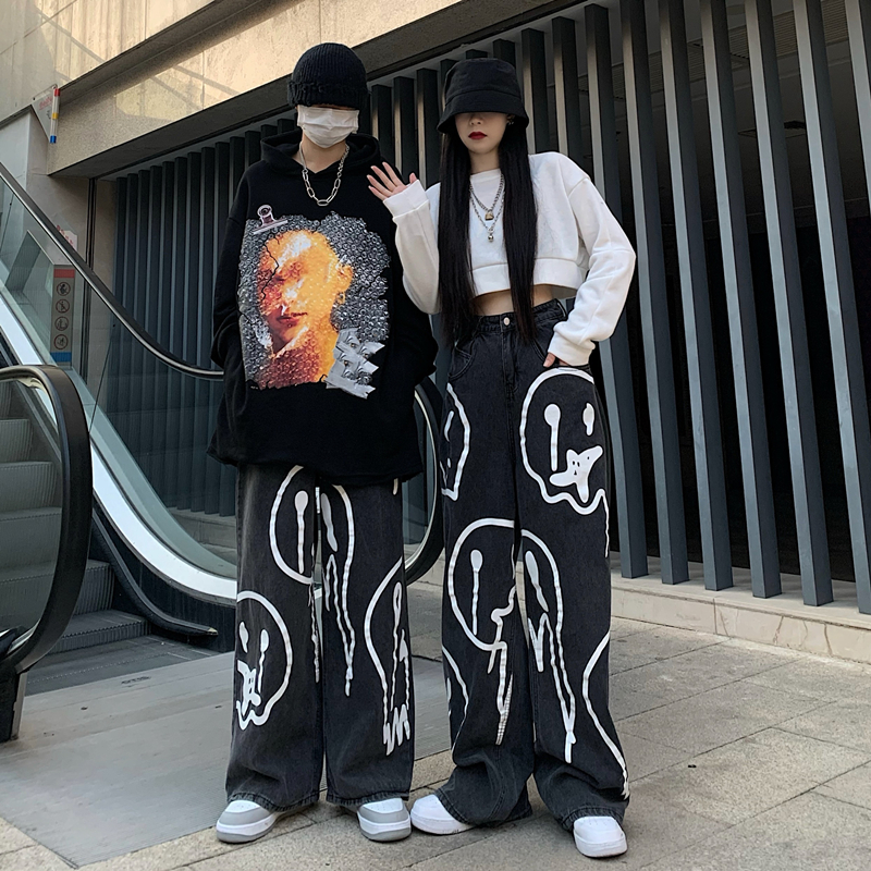 控52韩国复古牛仔裤ins暗黑印花涂鸦男女休闲宽松慵懒垂感阔腿裤