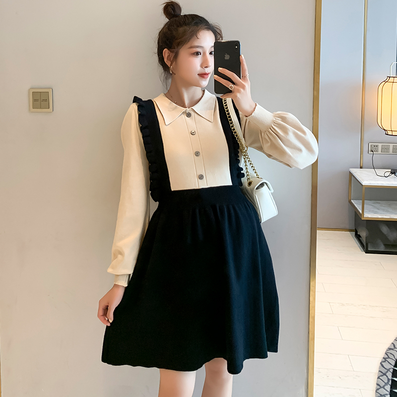 实拍现货2020秋冬新款孕妇法式小众显瘦减龄胖mm假两件背带针织大码毛衣连衣裙