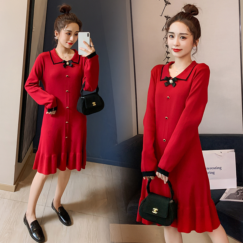 实拍6608#孕妇秋冬毛衣甜美网红针织连衣裙潮妈怀孕期显瘦打底衫