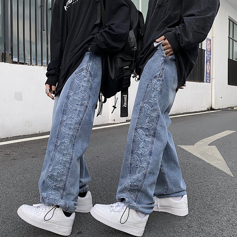 控49韩国复古牛仔裤ins男女拼接腰果花提花宽松阔腿直筒裤抽绳潮