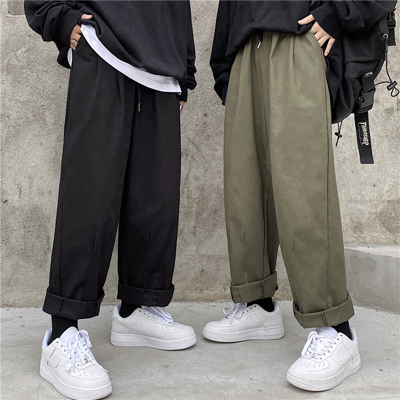 控37韩国潮流休闲裤ins复古日系男女宽松直筒阔腿裤纯色基础款