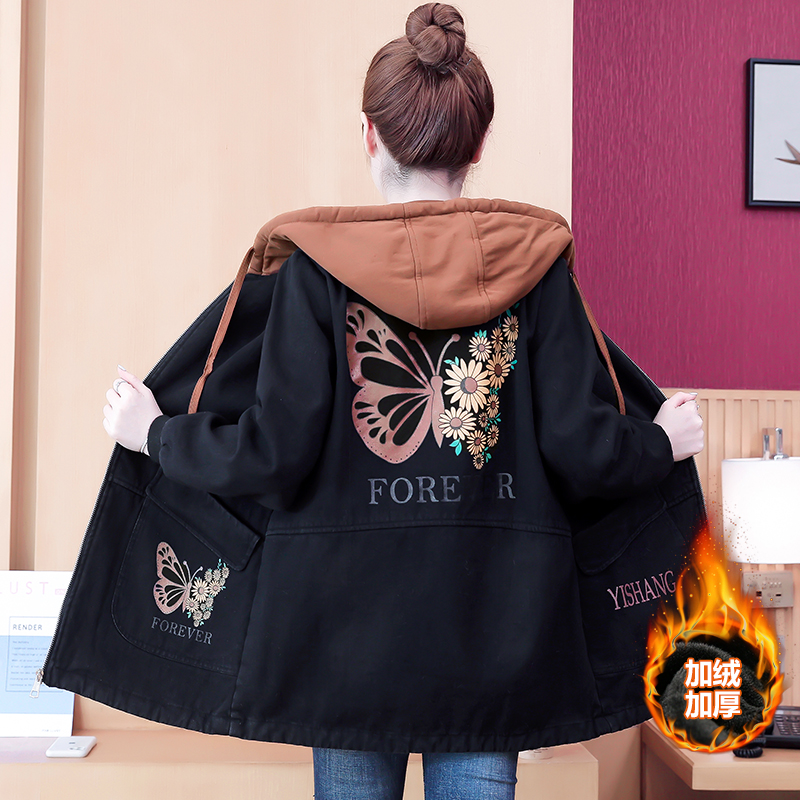 牛仔外套中长款女韩版加绒加厚棉衣连帽冬季2020黑色棉服印花潮版