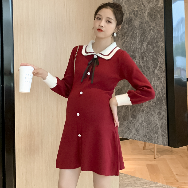 实拍现货2020冬季新款孕妇法式水貂毛领时尚减龄宽松显瘦洋气胖mm大码针织连衣裙