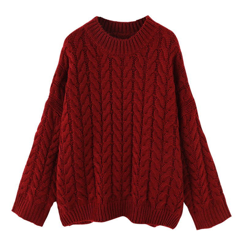 Autumn and winter cherry red twist sweater for female students loose retro temperament round neck mid-length knitted outer wear