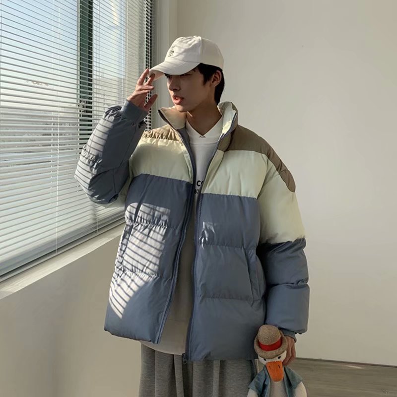 实拍新款外套翻领常规款青年拼接休闲男港风潮流保暖慵懒宽松棉衣