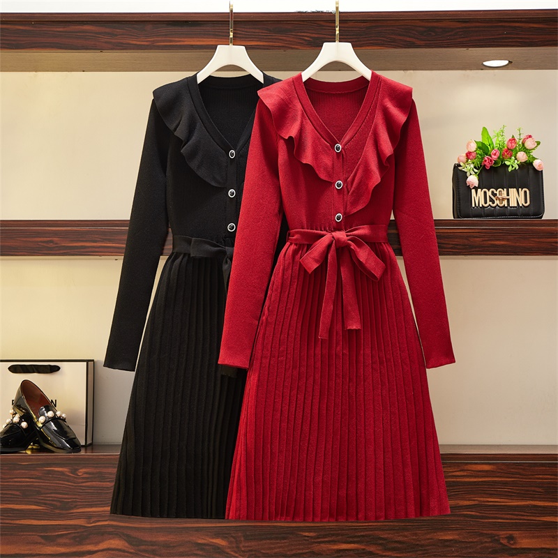 实拍大码女装2020冬季新款胖妹妹宽松显瘦打底针织中长款连衣裙女