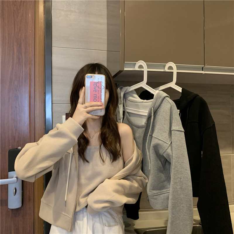 实拍实价控3~韩版新款连帽拉链短款长袖加绒加厚卫衣女+加绒吊带