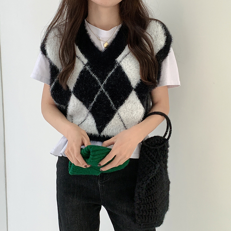 实价实拍三标齐韩版宽松菱形格毛衣马甲女外穿显瘦针织背心秋冬
