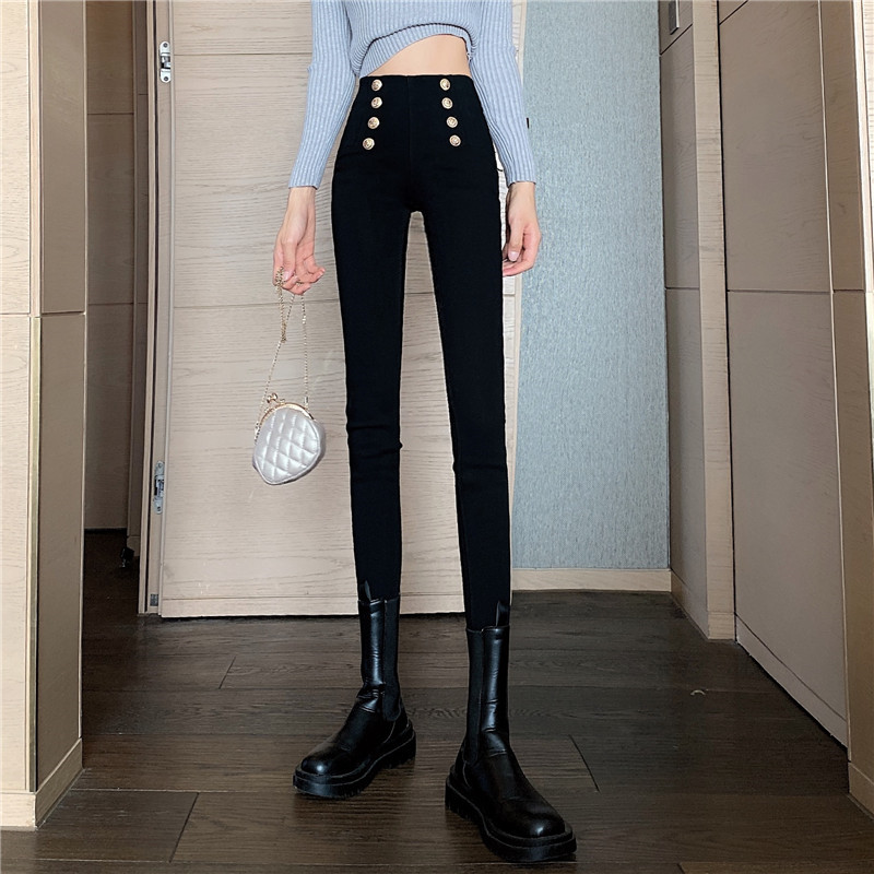 实拍冬款加绒加厚高弹洗水排扣紧身高腰小脚裤女显瘦小脚裤子