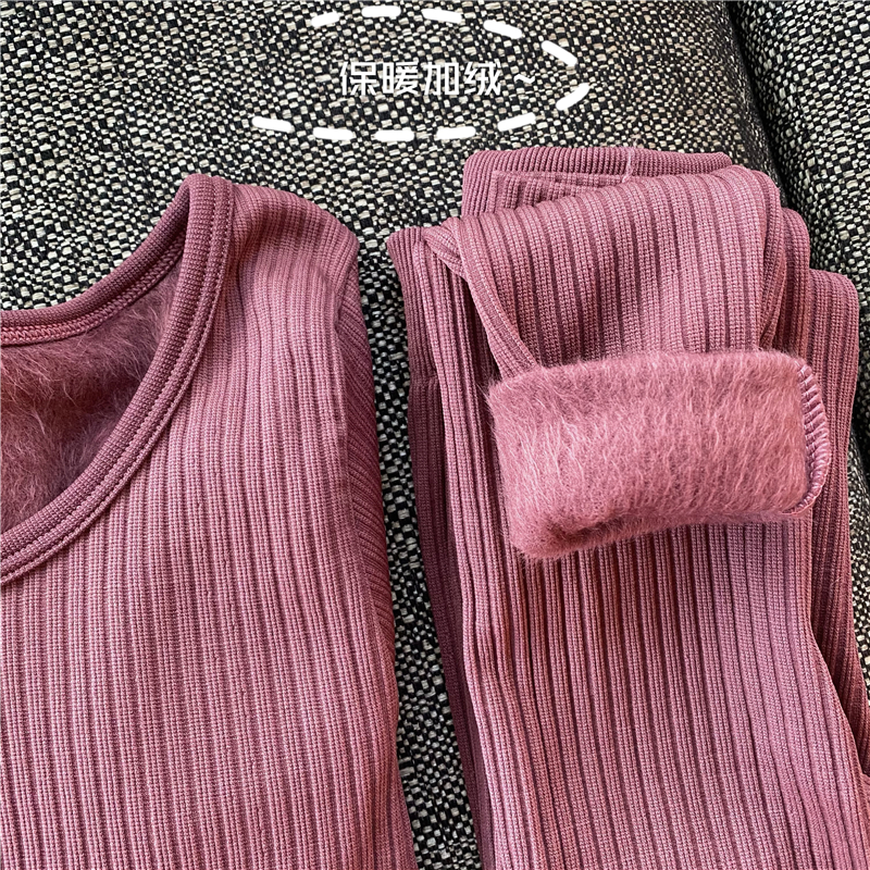 实拍实价~加绒加厚修身显瘦低圆领大弹力长袖保暖内衣打底套装