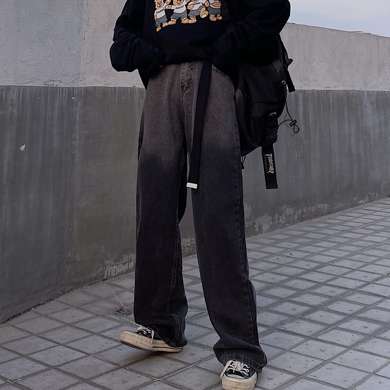 控47韩国男女牛仔裤水洗扎染渐变ins暗黑复古潮流休闲宽松直筒裤