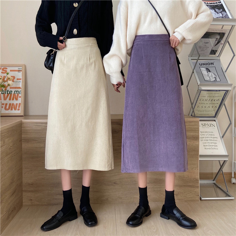 实拍~大码女装冬季新款灯芯绒半身裙女秋冬高腰A字裙中长款包臀裙