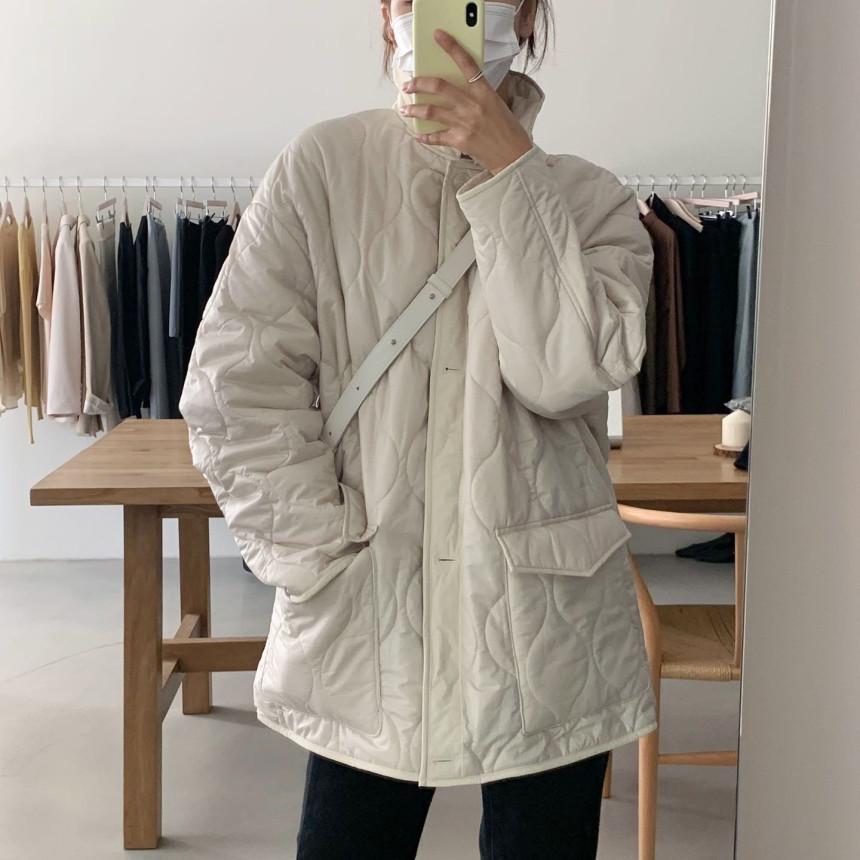 chic复古菱格纹宽松单排扣加绒加厚中长款棉服外套