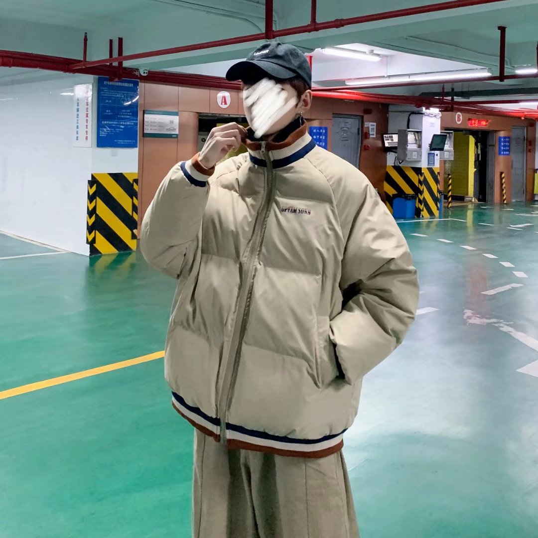 实拍拼接潮流港风宽松青年棉服立领时尚休闲新款棉衣条纹外套男装