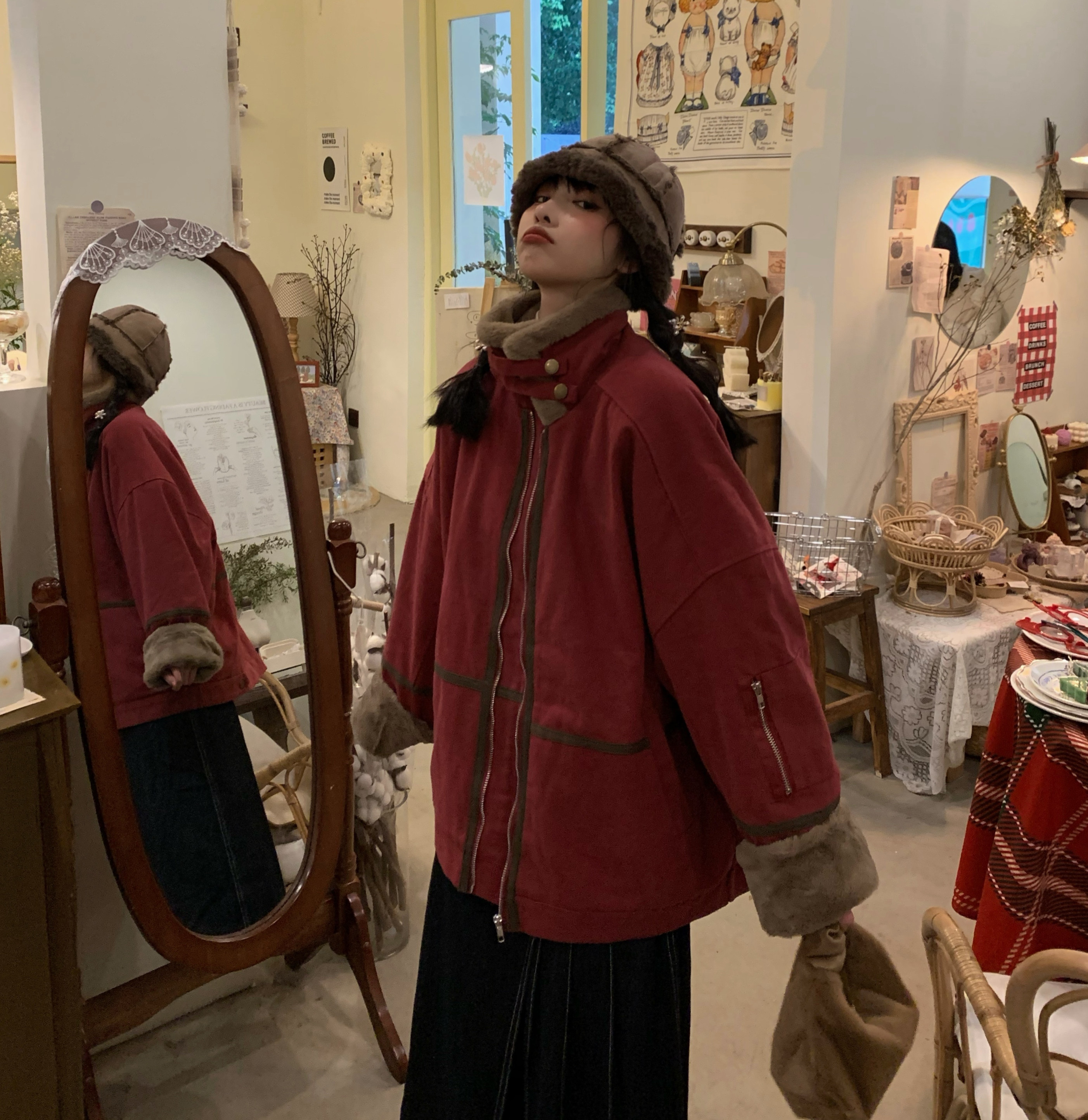 实拍实价~圣诞红棉服韩版毛绒立领加厚宽松外套