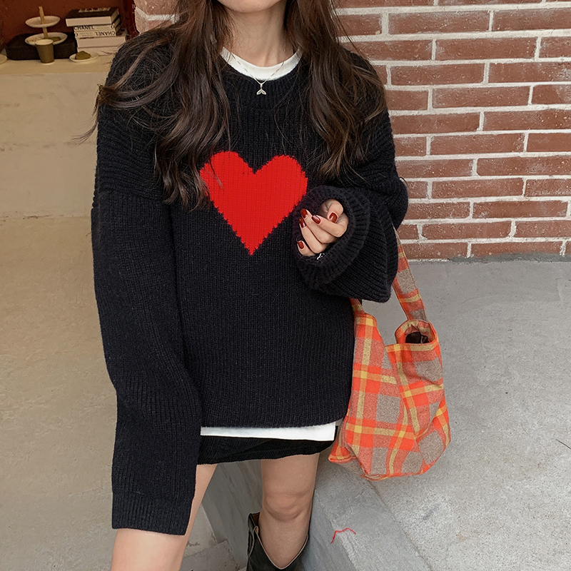 实价实拍三标齐自制款宽松休闲爱心提花圆领套头毛衣女通勤上衣