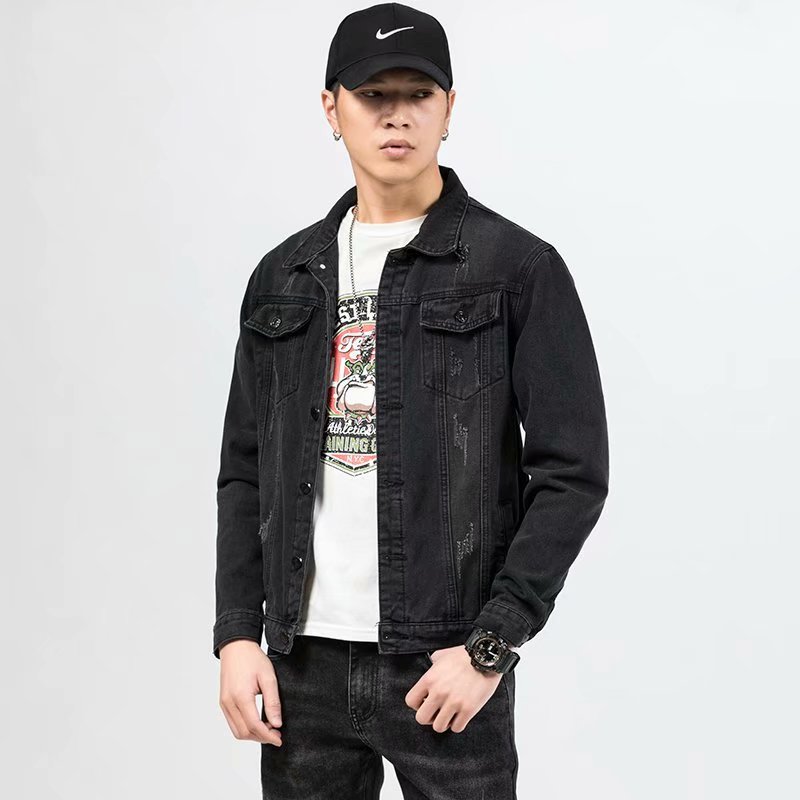 实拍青年牛仔夹克韩版流行简约潮流气质百搭in男原宿新款修身翻领