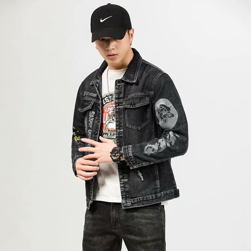 实拍流行潮牌修身in休闲新款潮流牛仔夹克气质韩版青年港风男翻领