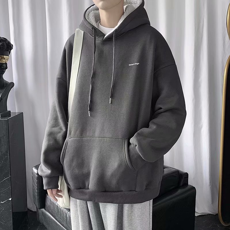 实拍流行韩版百搭青年新款原宿男慵懒羊羔绒卫衣简约日系潮流连帽