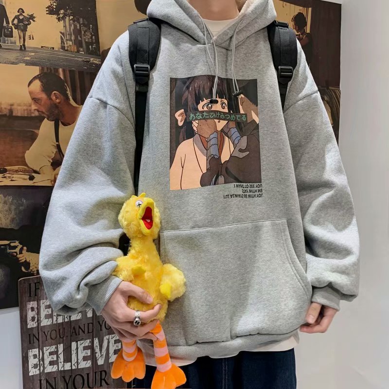 实拍流行韩版百搭青年新款原宿男套头慵懒羊羔绒卫衣日系潮流连帽